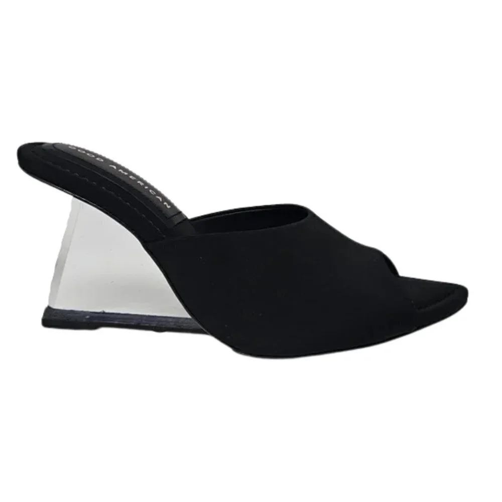 NEW Good American Clear Lucite Wedge Heel Sandal in Black Sz. 4